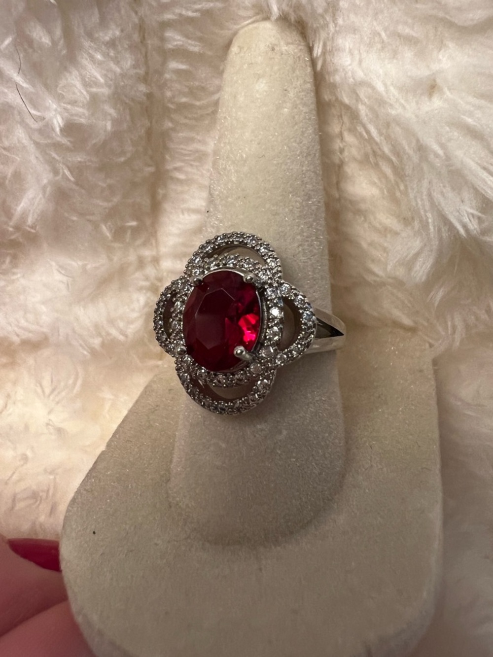 Silver Floral Halo Ring with Red Oval Gem